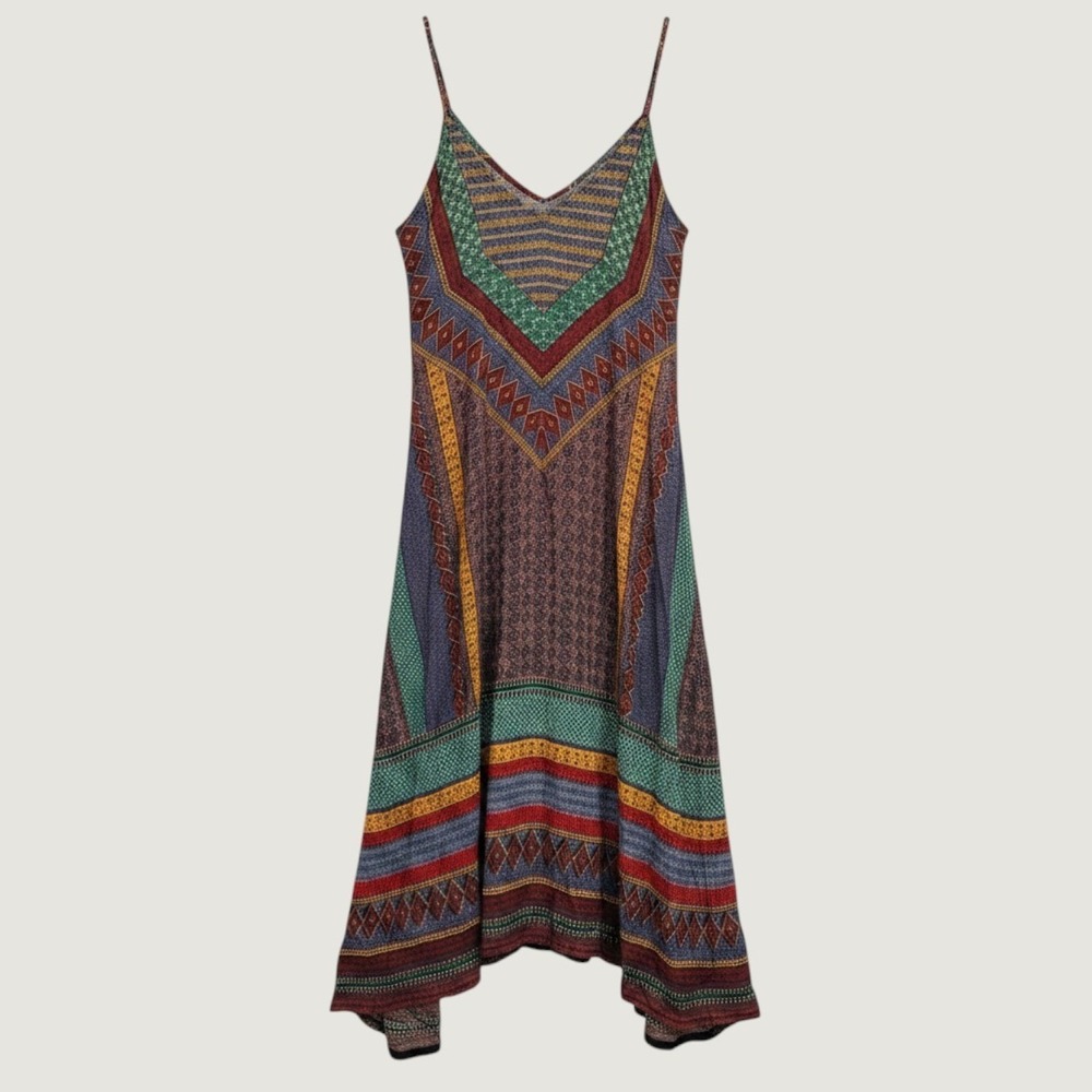 213 | Devi Boho Gypsy Geometric Print Flowy Rayon Maxi Dress Multicolor Womens M